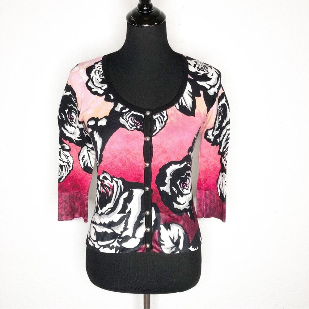 WHBM black pink rose floral snap front cardigan sweater size Extra Small